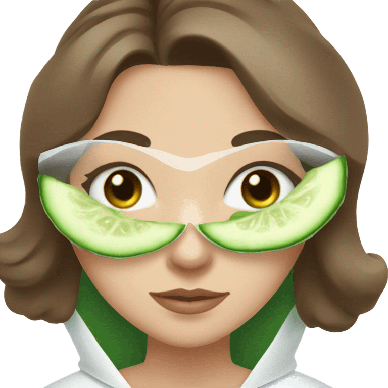 White girl with Brown hair and blue eyes wears a Green skincare textured mask and puts on cucumbers around her eyes while She relaxes in her white Robe emoji