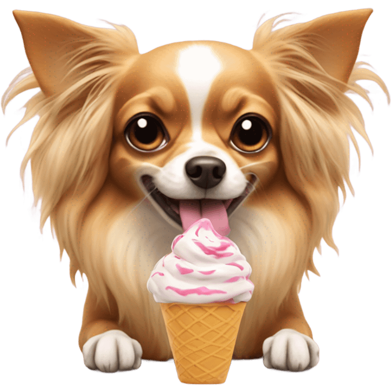 Long haired chihuahua eating a big bowl of ice cream emoji