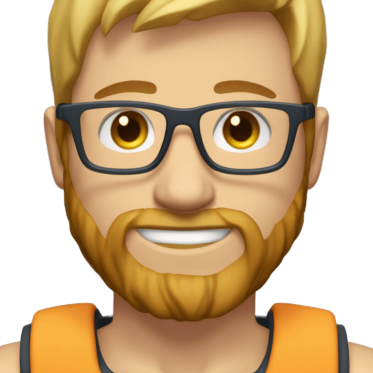 Joshua has short, light brown hair with blonde highlights, a full beard, blue eyes, and glasses with a thin frame. He has a muscular build with broad shoulders, visible abs, fair tan skin, and often wears a smartwatch. emoji