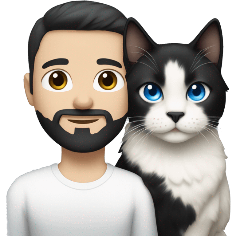 A guy with a black earing and black short hair and black beard and holding a all white Siberian cat with blue eyes  emoji