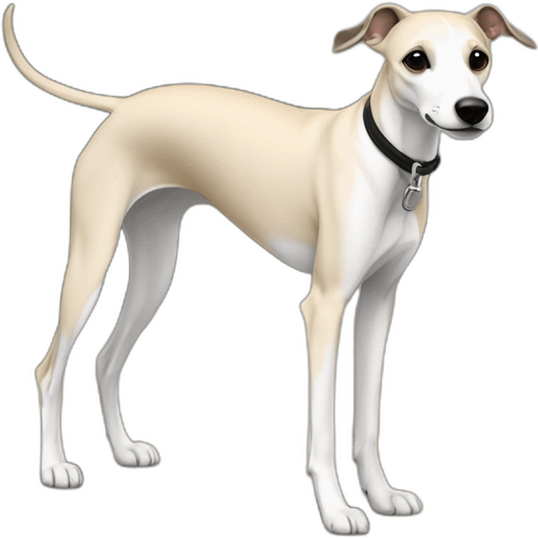 a beige whippet walking on a leash, with a dark snout, black and white mouth patchy and black angel wing like eyes emoji