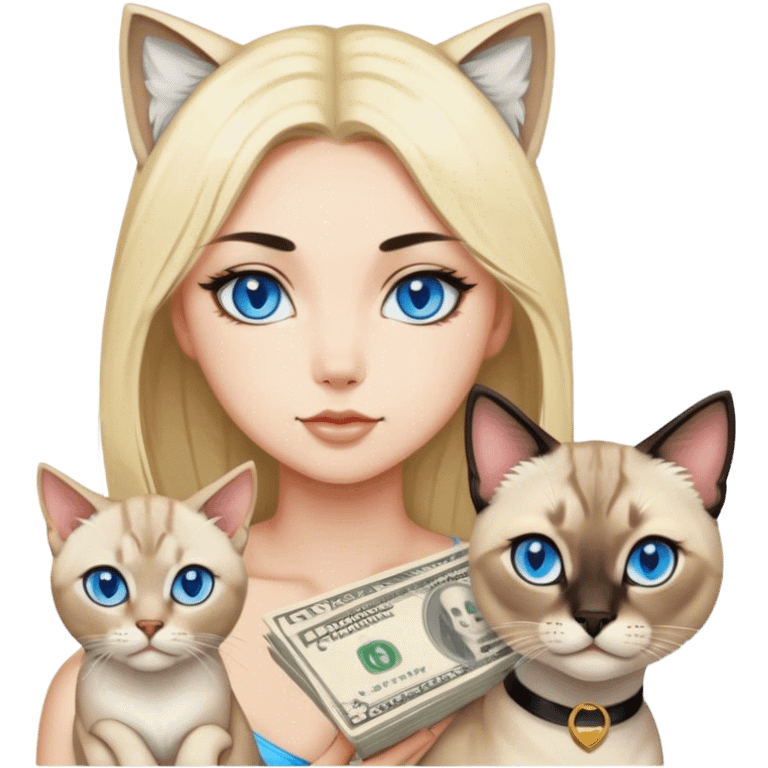 point lynx siamese cat with blue eyes and a girl with black hair and blonde money pieces in the front of the hair emoji