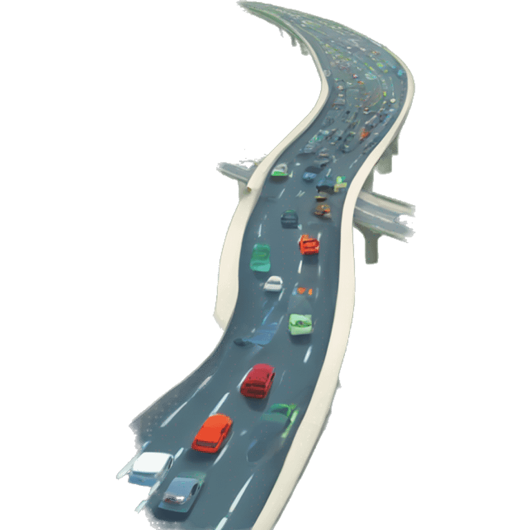 A busy highway with fast-moving cars, surrounded by green fields and distant mountains under a bright blue sky emoji