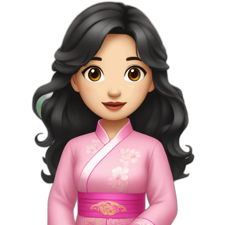 cute Vietnamese girl with wavy black hair posing with pink ao dai full body emoji