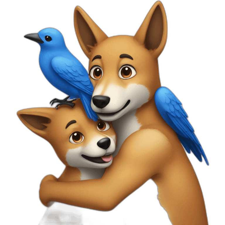 Anthropomorphic dingo giving an anthropomorphic blue bird a hug emoji