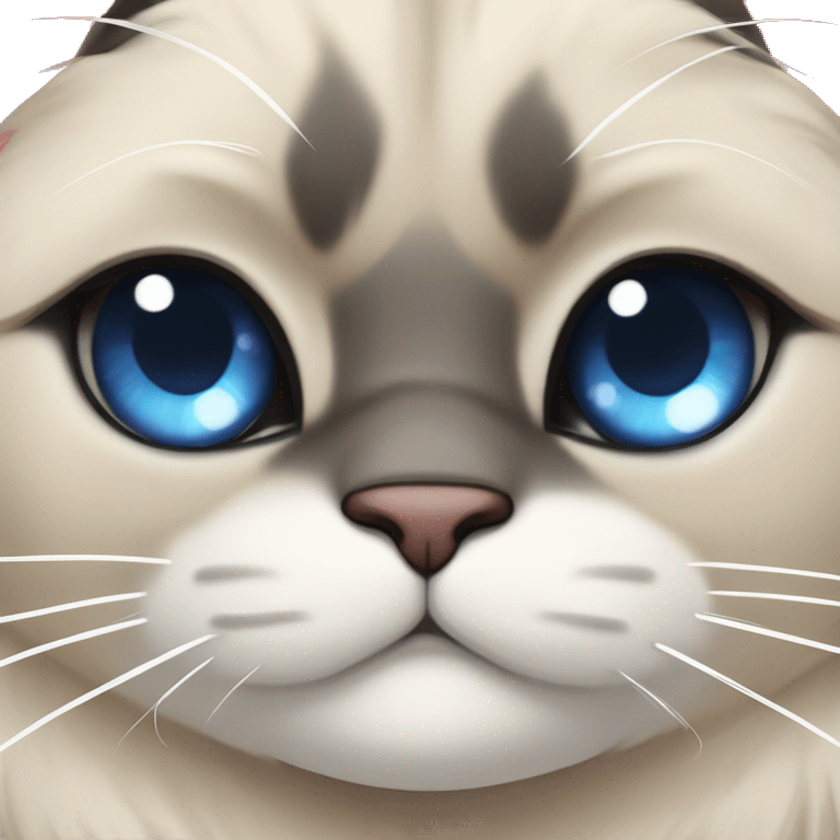 Long, chubby, cute, flat beige fur, blue round eyes, round pupils, Siamese and ragdoll mix cat, a grey face pattern, fur in his ears, wearing a red ribbon, a long slim tail, darker paws emoji