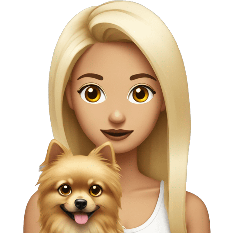 Chica rubia pelo largo y ojos negros con un pomeranian blanco  emoji