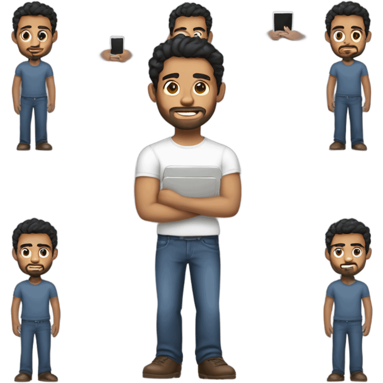 men holding his computer in hands. light brown skin men with curly black hair, dark brown eyes, little grown beard. just a tiny bit muscular. dressed casual. round face. emoji