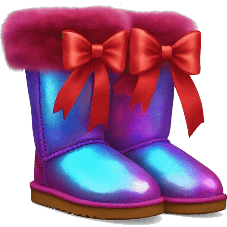 Pair of iridescent red Ugg fur boots with red silk ribbon bows. emoji