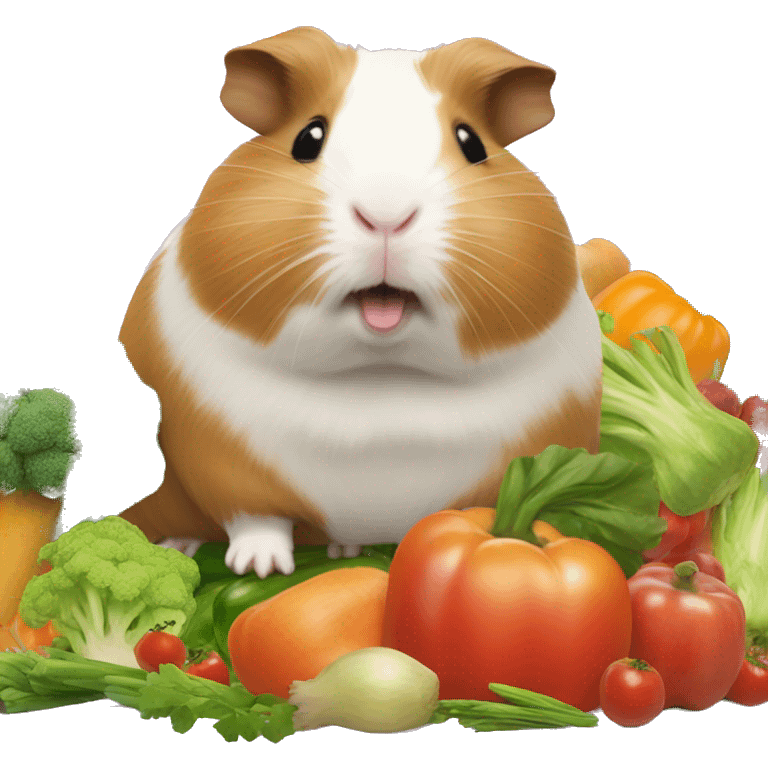 Guineapig playing on a huge pile of veggies and fruit emoji