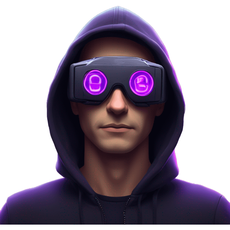 Russian man wearing a black hoodie with "OMG" letters on it and VR headset in a cyberpunk VR environment with violet neon lighting. emoji