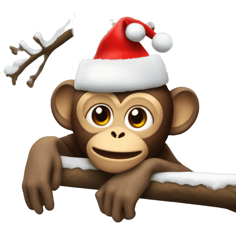 monkey with a christmas hat on hanging off a snowy branch emoji