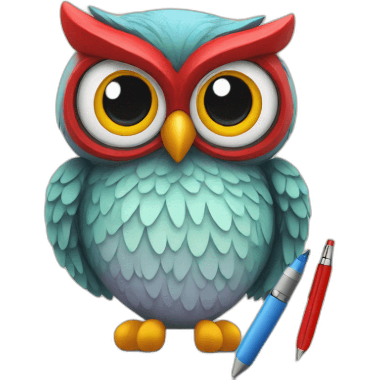 A colorful owl writing with a red pen emoji