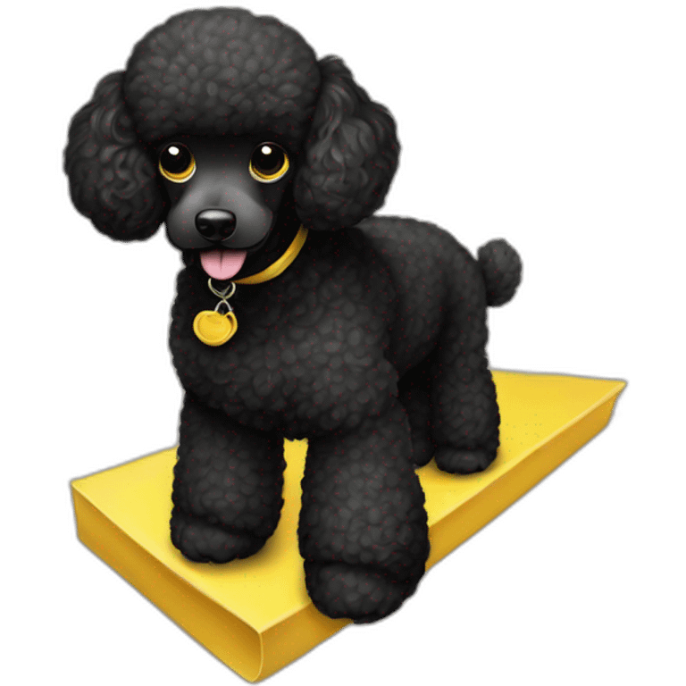 A black standard mini poodle with a yellow bandanateddy bear cut and a emoji