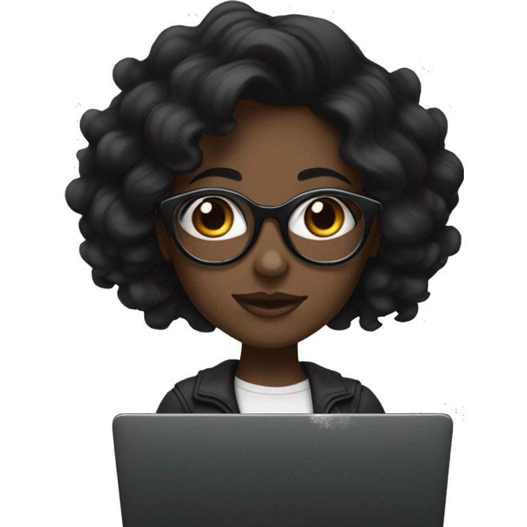 Dark-skinned girl with black wavy hair, wearing clear glasses and a black laptop. emoji