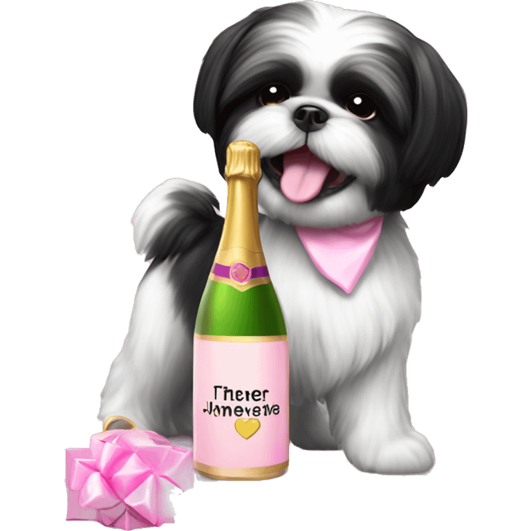 A cute black and white shih tzu playing with a pink bottle of champagne  emoji