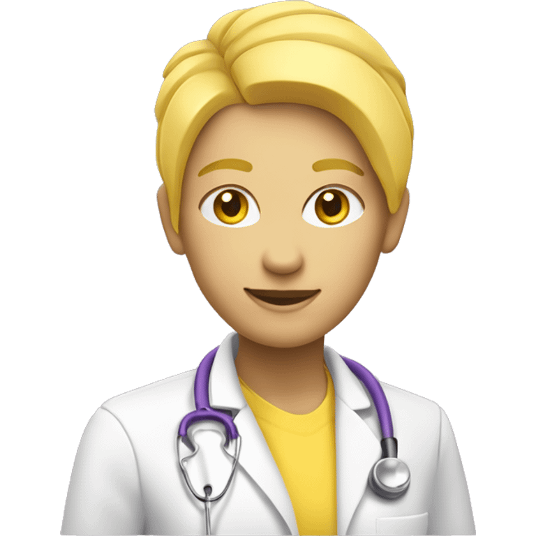 IOS-style emoji a yellow-skinned health worker, she has yellow hair, yellow skin, a purple shirt, and a white jacket, she is wearing a stethoscope. Minimalism concept. Vector Style. Subtle Shading. Subtle 3D style look emoji