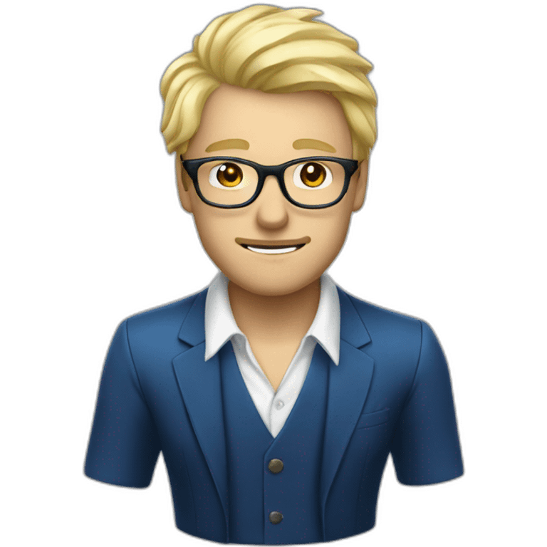 Homme en smoking bleu chemise blanche cheveux blond et lunettes emoji