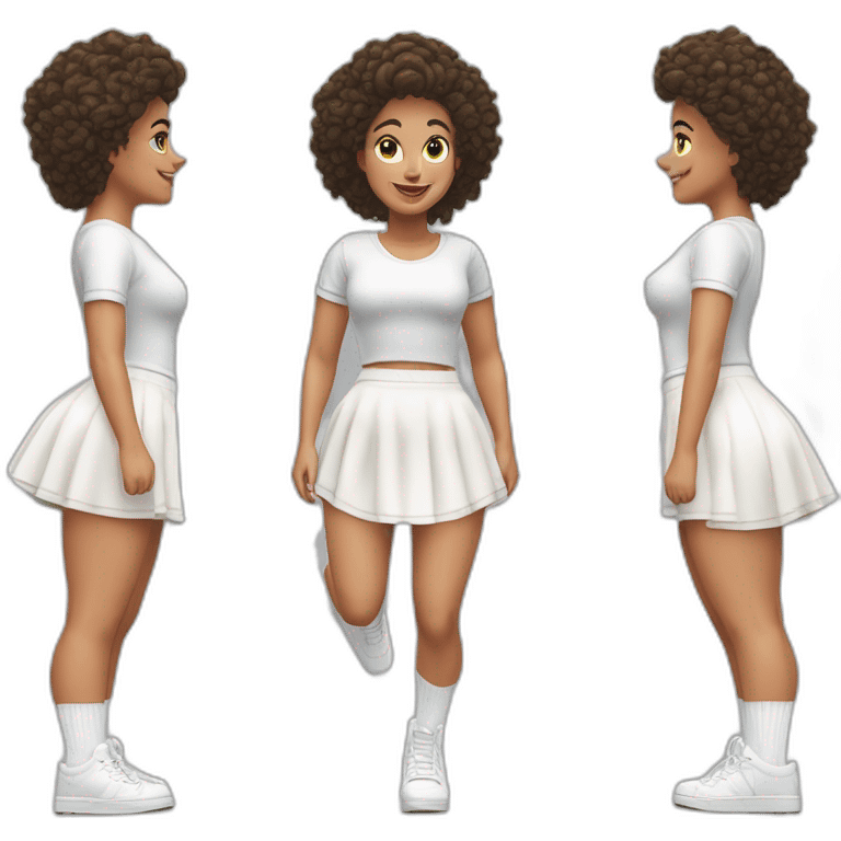 Hyperrealistic Full body Caucasian curvy beauty jumping short white skirt back and front views strong wind knickers long white socks emoji