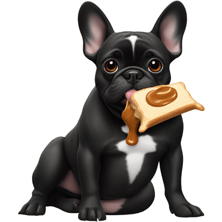 A black French bulldog eating peanut butter emoji