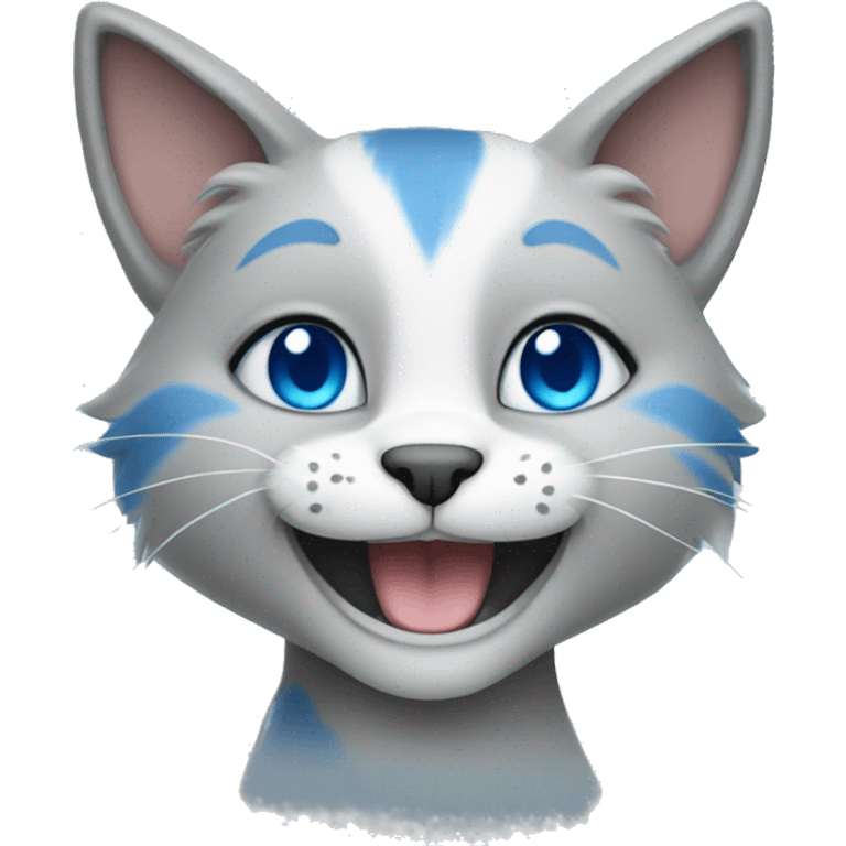 Anthro cat with grey fur and blue eyes smiling emoji