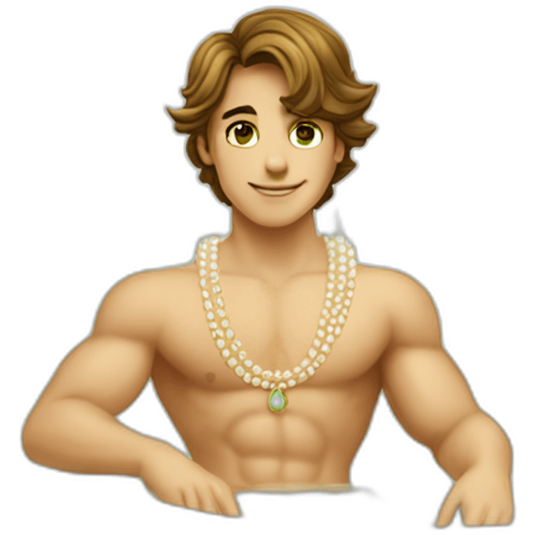 Posh-muscle-boy-brown-hair-green-eyes-pearl-necklace-in-golden-bathtub emoji