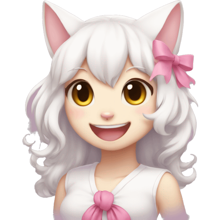 fursona white cat girl with pink bow cute laughing anime emoji