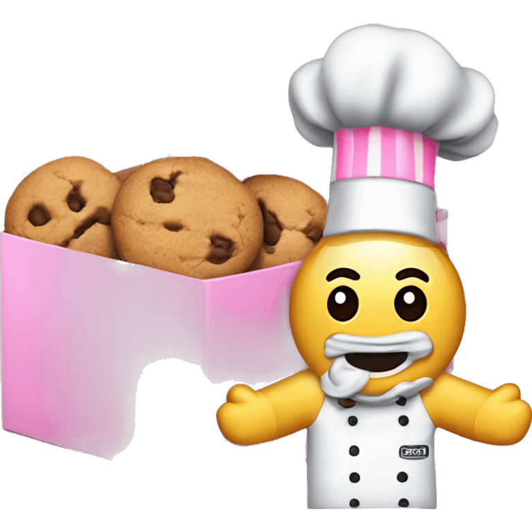 “A pink rectangular box with the Crumbl Cookies logo—a cartoon chef’s head with a cookie in the hat and ‘crumbl cookies’ in lowercase text underneath.” emoji