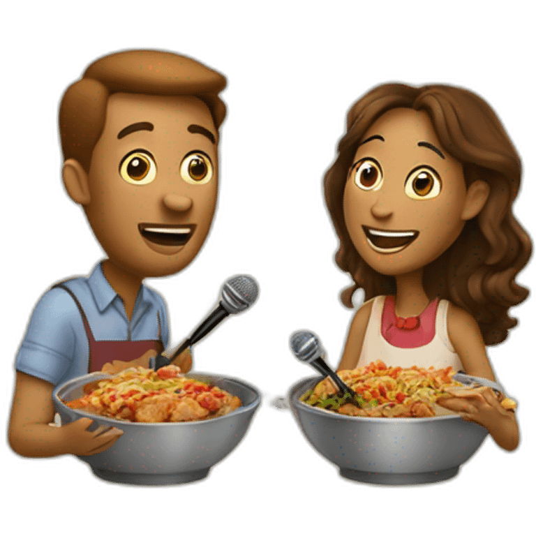 Two people singing into mics while eating a Cajun dinner emoji