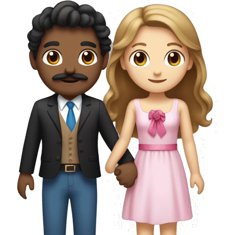 Two people holding hands with a tanned boy with medium-length hair with a Mexican mustache and black eyes and with a white girl with brown hair and blue eyes with a pink bow on her head emoji