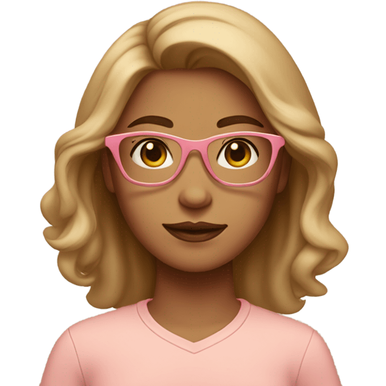 Slightly tan girl with brown eyes and hair, a middle part, a peach colored shirt and light pink glasses emoji