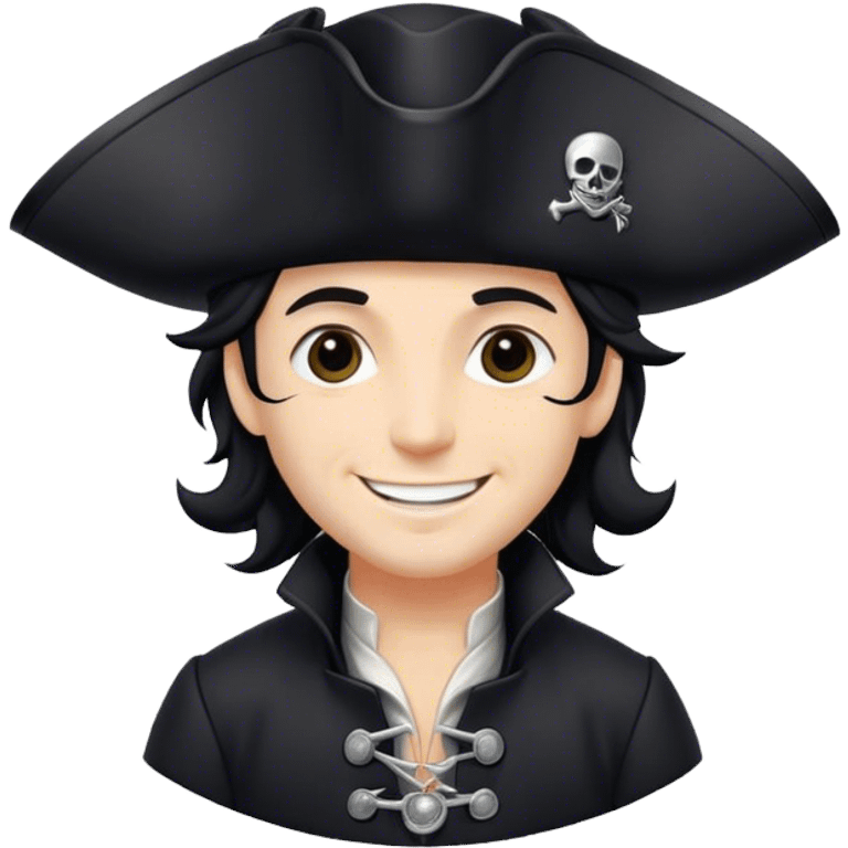 A charismatic pirate with wavy black hair, wearing a black tricorn hat and a sleek black coat with silver buttons, smiling confidently. emoji