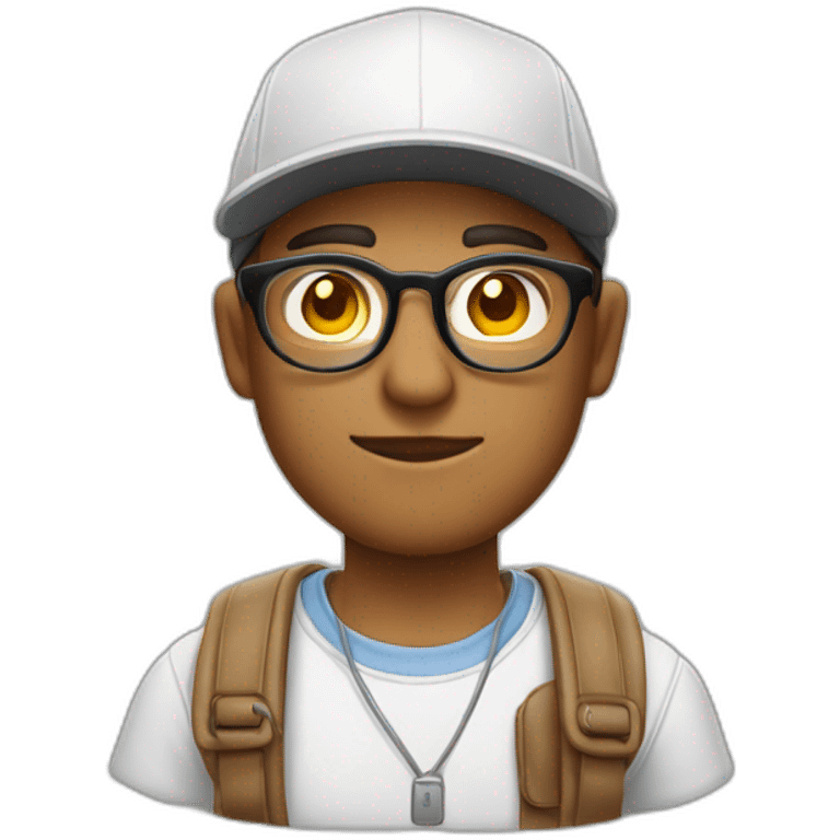 Joven con lentes redondo, piel clara, sin barba, gafas redondas, camisa blanca y gorra blanca.  emoji