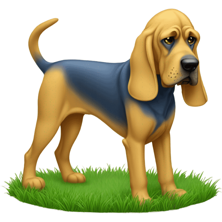 blue and yellow bloodhound sniffing the grass.  emoji