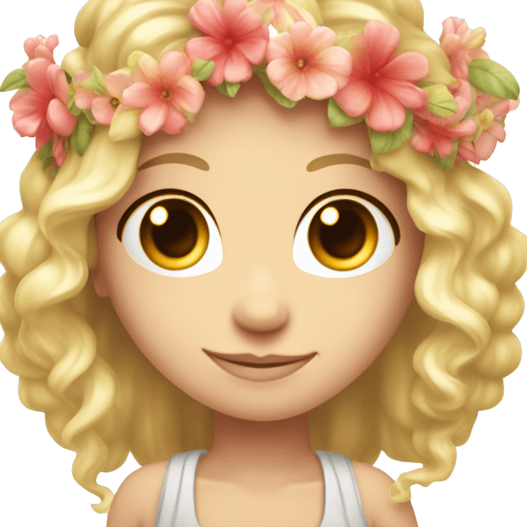 “Crée un emoji mignon représentant une déesse avec des grands yeux brillants, une couronne de fleurs, et un cœur lumineux à côté. emoji