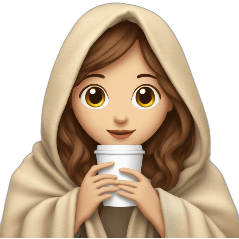 pale sking brown hair girl holding a coffee cup inside a blanket emoji