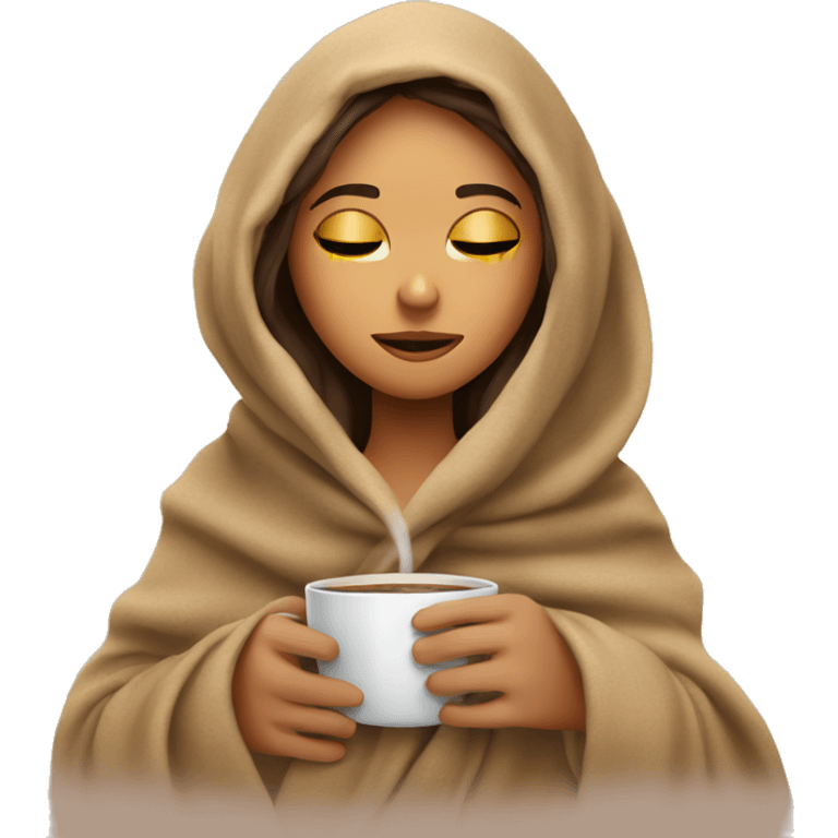 girl inside a blanket sipping coffee eyes closed emoji