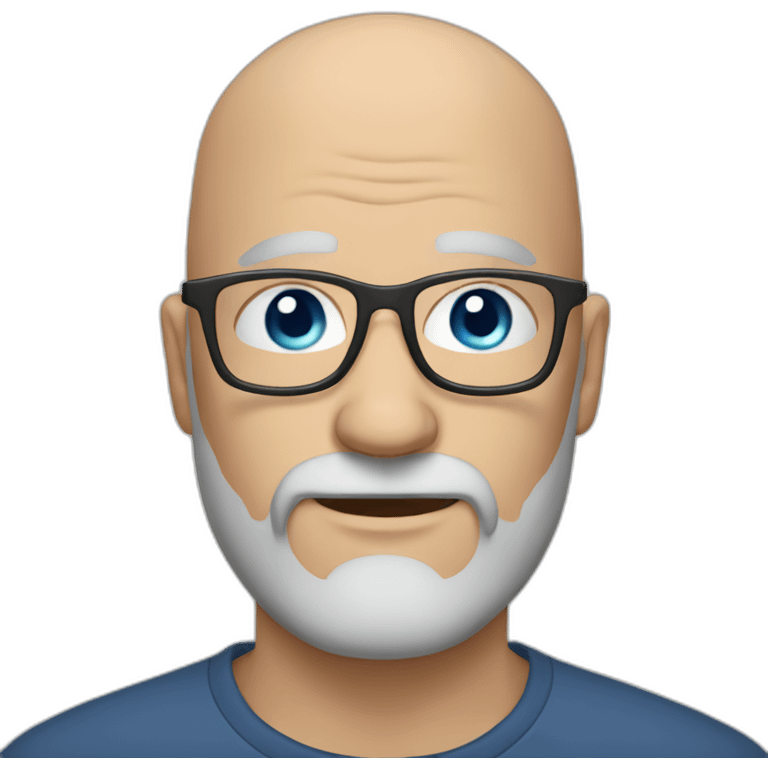 Bald slightly older guy with blue eyes and dark grey beard and glasses emoji