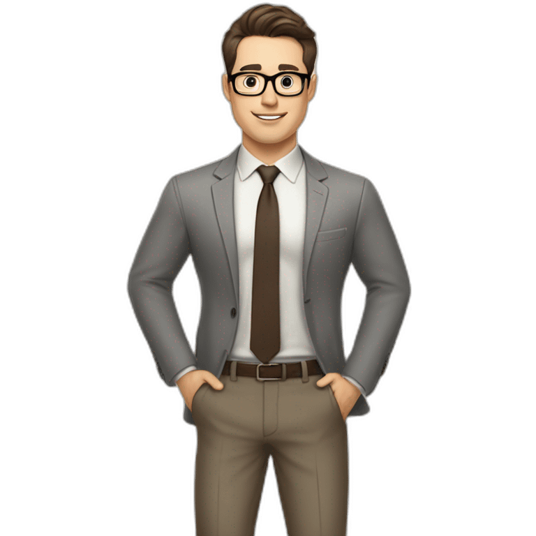 Pale skinned fit man with dark brown hair in gray jacket, beige office shirt, brown tie, brown pants and vintage glasses Writing on the marker board emoji