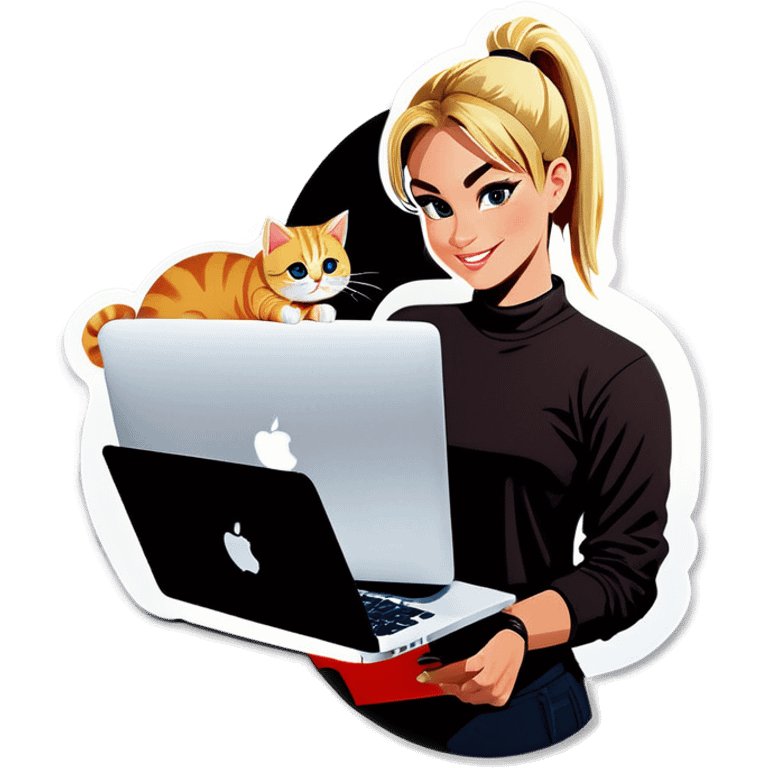 Blonde girl ponytail macBook and a cat emoji