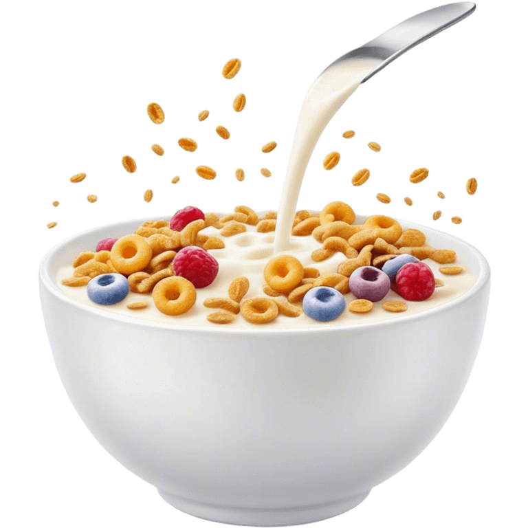 Cinematic crunchy cereal, vibrant and colorful, splashing into a bowl of cold milk, soft glowing background, dynamic movement, playful and inviting, nostalgic and fun. emoji