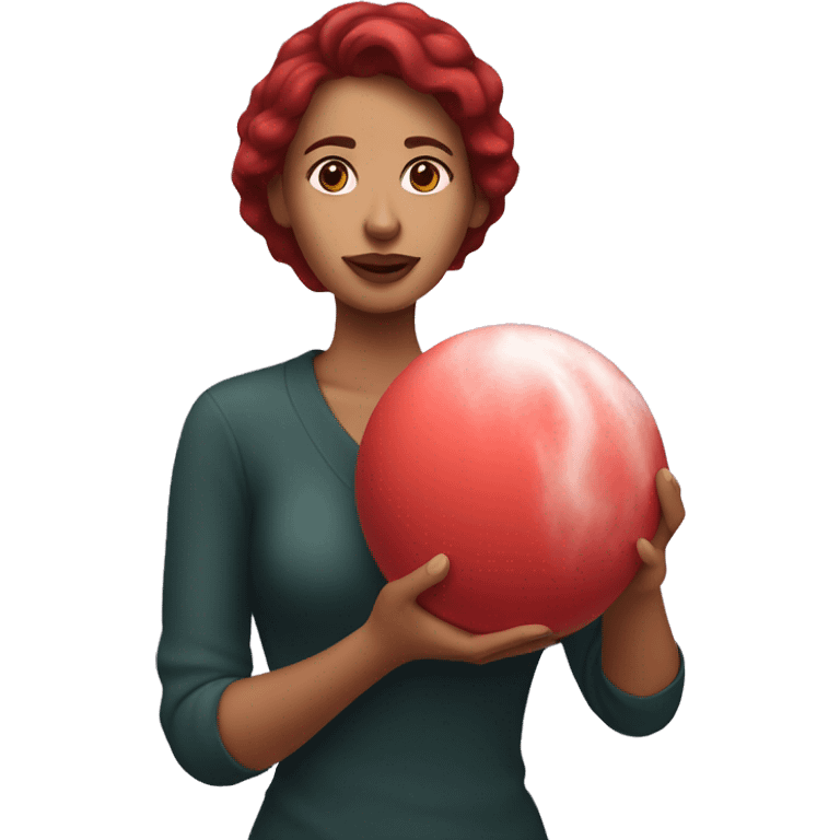 Dark red hair mexican woman holding a red bath bomb in her hands emoji