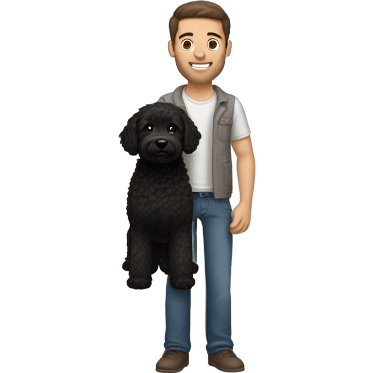 clean-shaven straight-haired brunette man holding black labradoodle emoji