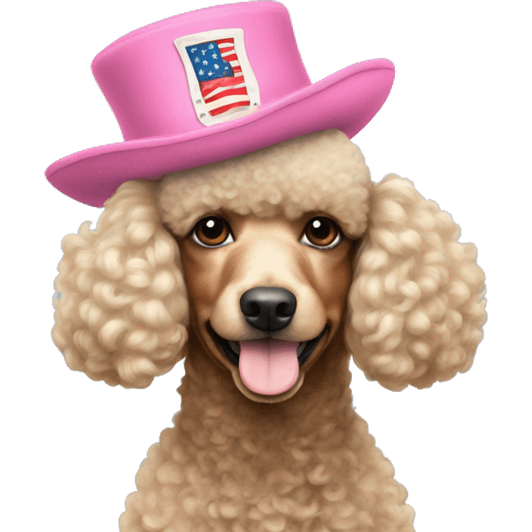 a poodle with pink fur wearing an american revolution style hat emoji