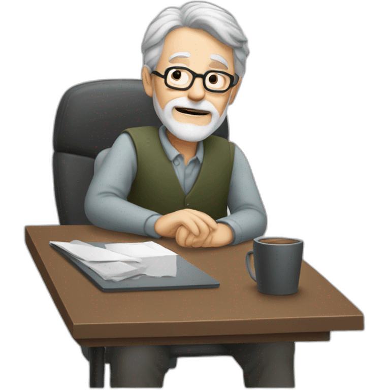 old man with grey hair and beard and glasses sitting at a desktop working emoji