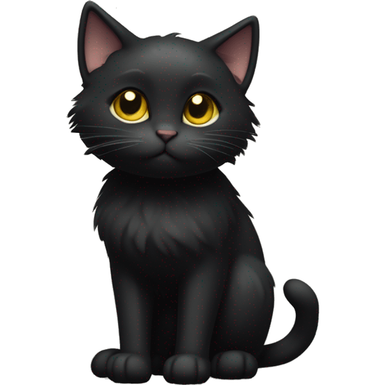 A  petite, solid black sleek furred cat. Light yellow eyes. Black pointed tufts of fluffy fur at the very tips of ears only (tip of triangle on ear). Fully body and no other color markings. Facing forward and standing with ears slightly tilted. emoji