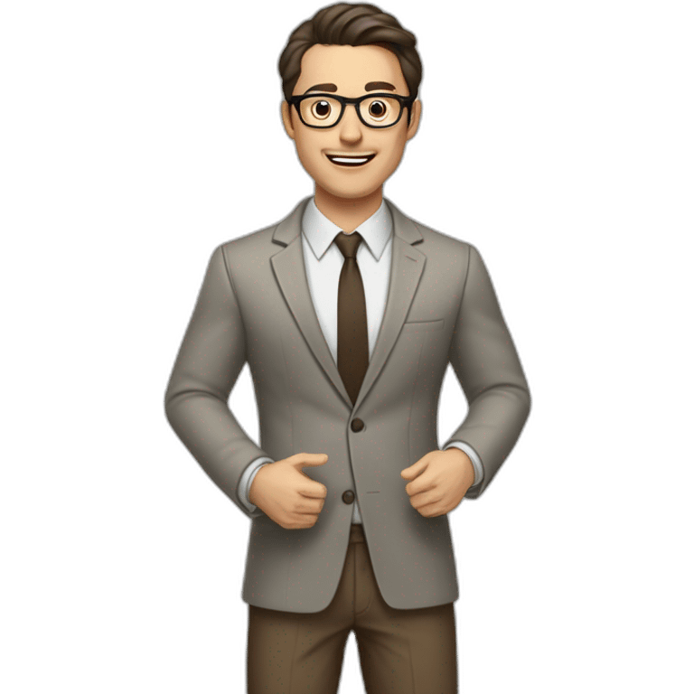 Full height Actively gesturing with hands Pale skinned fit man with dark brown hair in gray jacket, beige office shirt, brown tie, brown pants and vintage glasses. emoji