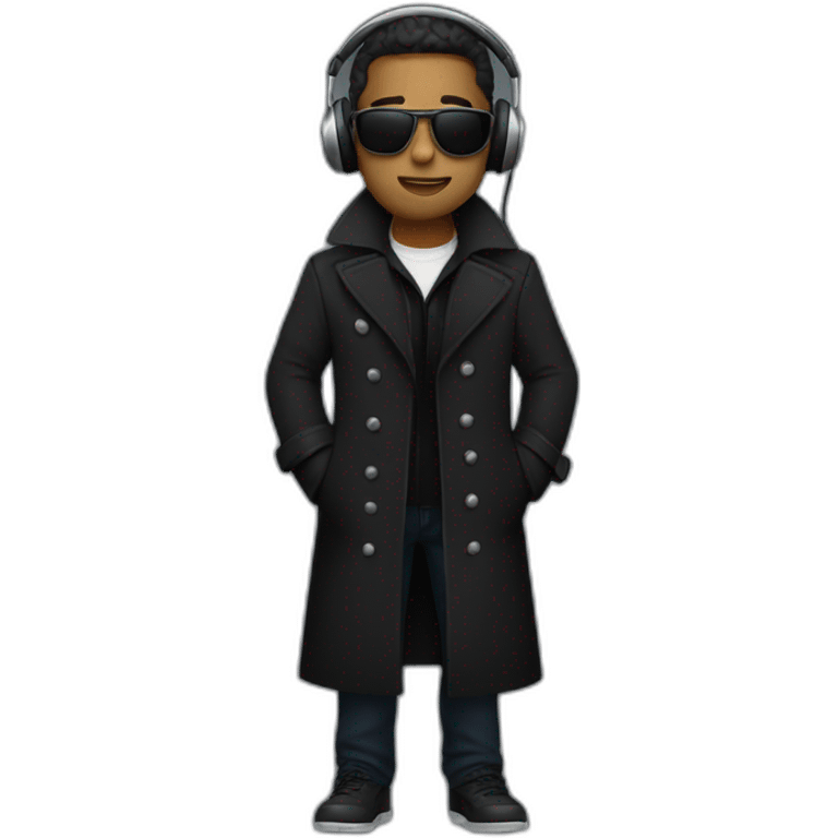 He should wear headphones and wear a black trench coat.  emoji