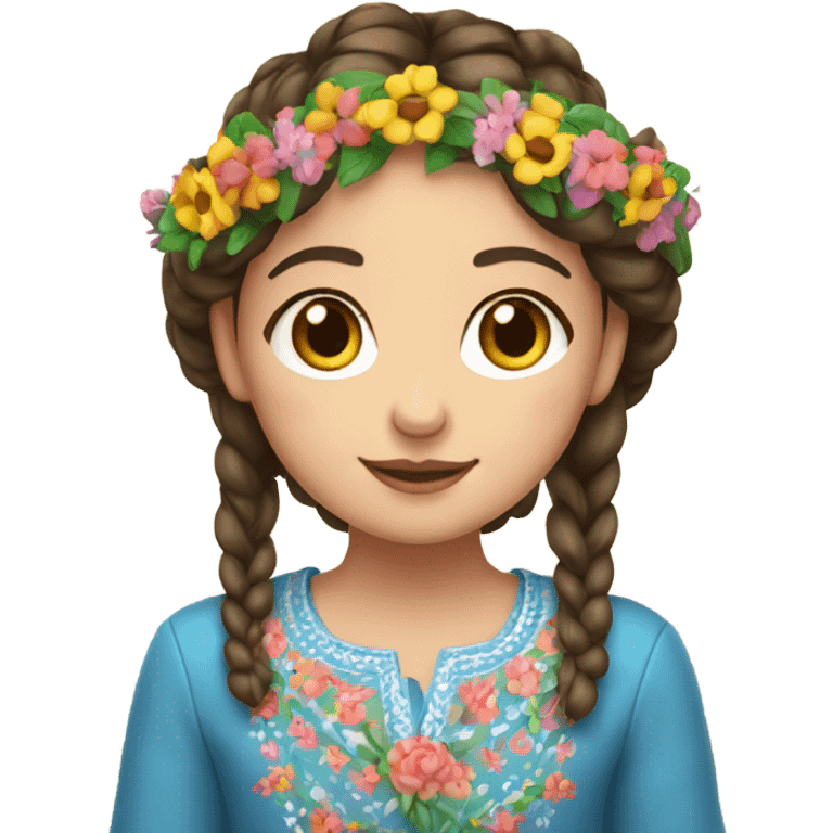 a brunette girl with a braid in a Ukrainian embroidered shirt and a wreath of flowers on her head emoji