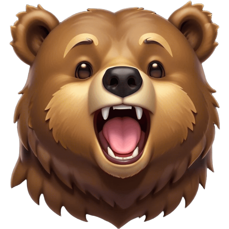 Cinematic Cute Yawning Grizzly Bear Portrait Emoji, Head tilted slightly with a dramatic, wide-open yawn, showcasing a thick, rugged deep brown fur with drooping ears, round eyes barely open in drowsy contentment, Simplified yet irresistibly adorable features, highly detailed, glowing with a soft, cozy glow, high shine, relaxed yet expressive, stylized with a touch of wild whimsy, bright and endearing, soft glowing outline, capturing the essence of a sleepy yet affectionate grizzly, so drowsy it feels like it could stretch out of the screen and curl up for a nap! emoji